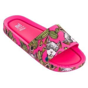 Mini Melissa Bright Pink Llama & Cactus Slide Sandals
